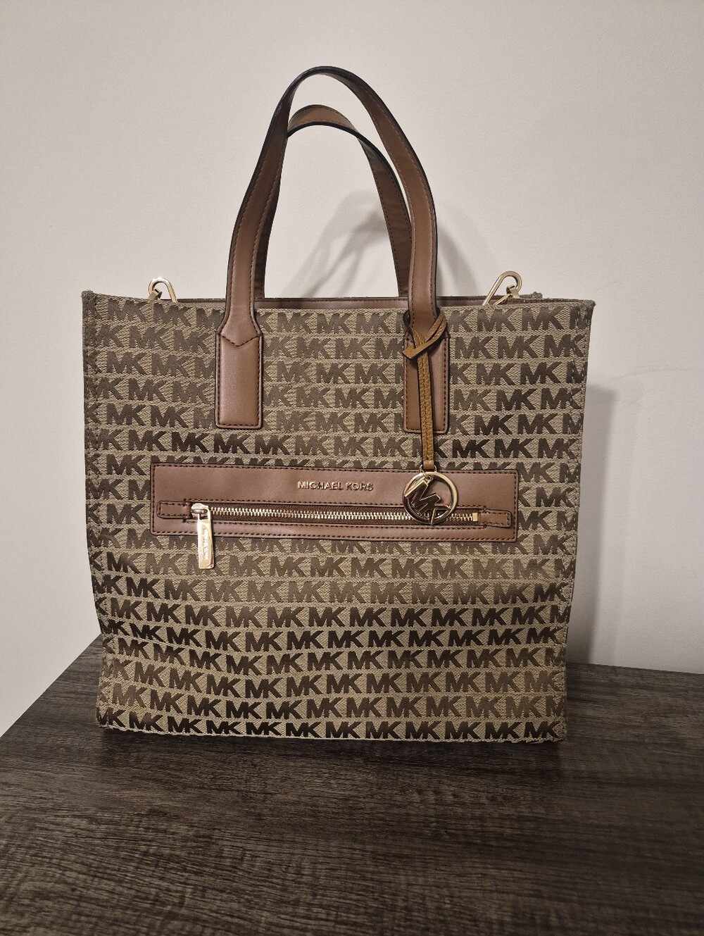 Michael Kors Brown MK Monogram Tote with Gold Accent